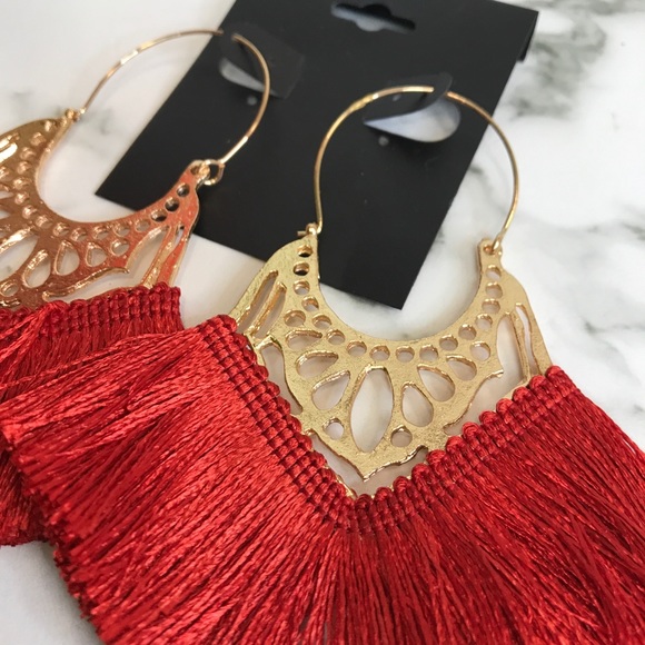 ‼️ Brick Red Thread Fan Earrings Boho Chic Gold - Picture 8 of 8